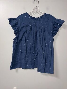 a.n.a. navy flutter ruffle sleeve smocked high neck top 2X boho